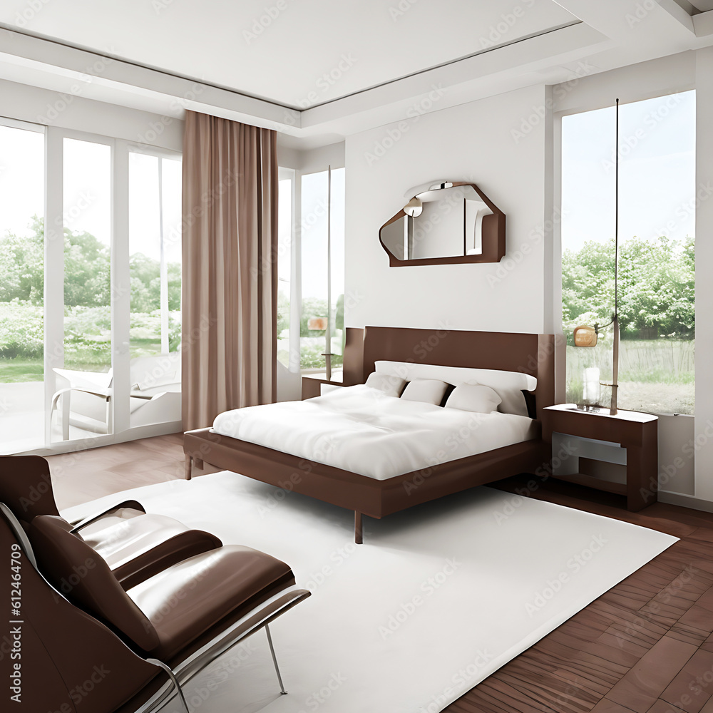 Interior of modern bedroom with white walls, wooden floor, comfortable king size bed and brown armchair. 3d rendering