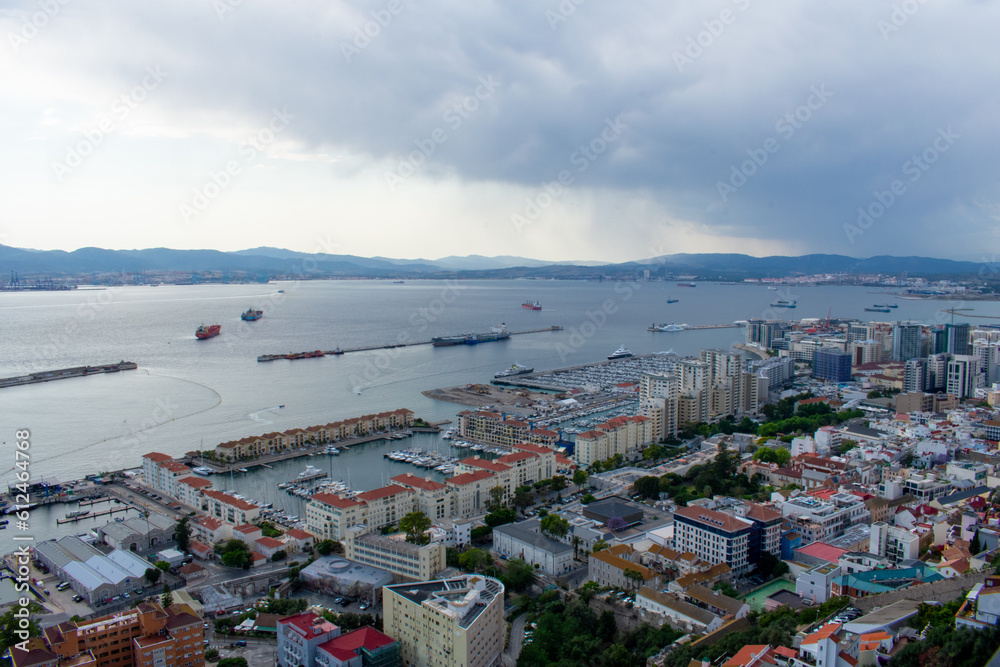 Obraz premium Aerial view of Gibraltar, Algeciras Bay and La Linea de la Concepcion from the Upper Rock. View on coastal city from above