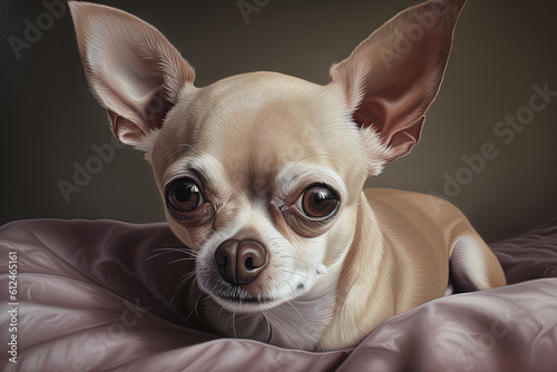 Tiny dog portrait. Cute fluffy puppy with big eyes. Generated AI. © swillklitch