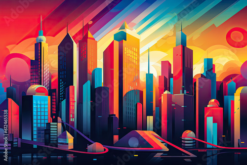 Futuristic vision of a city skyline with vibrant colors. Abstract flat illustration. Generative AI