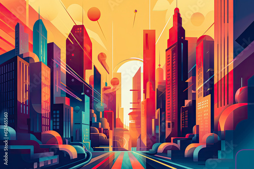 Futuristic vision of a city skyline with vibrant colors. Abstract flat illustration. Generative AI