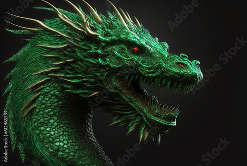 Green dragon portrait  mysterious monster from farytales and symbol of 2024 lunar year in Chinese calendar. Generated AI.