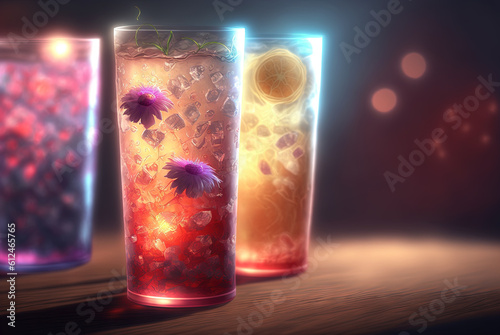 Club cocktails on the table with light. Colorful juicy drinks in glasses. Generated AI.