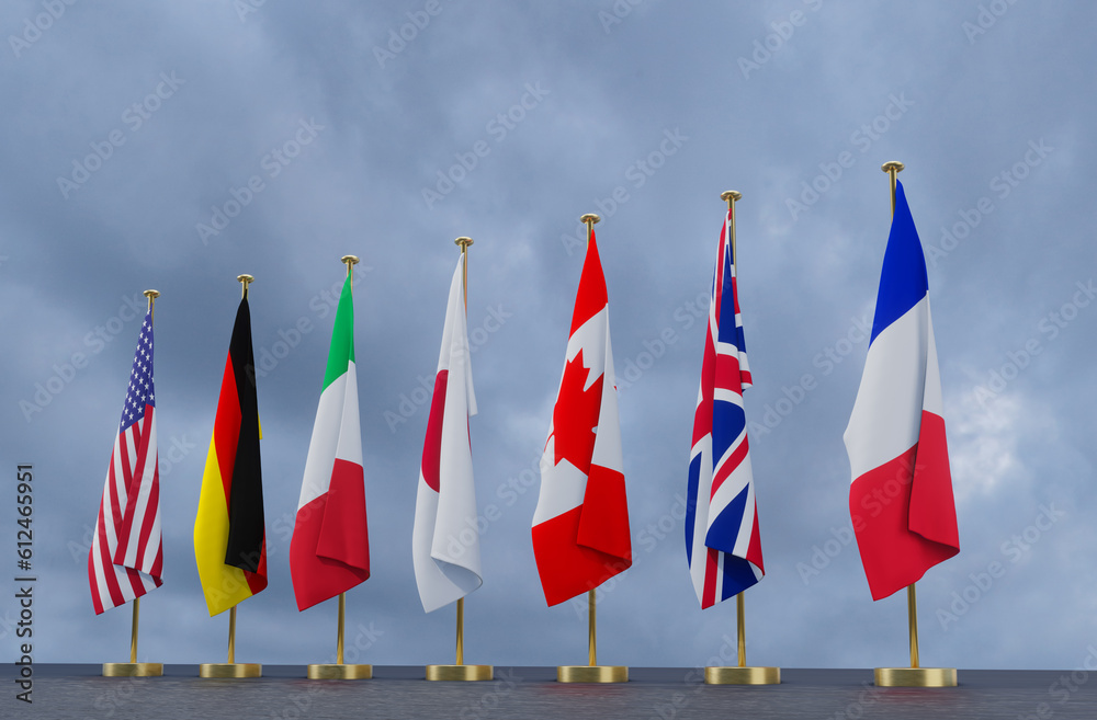 G7 summit. flags of members of G7 group of seven and list of countries
