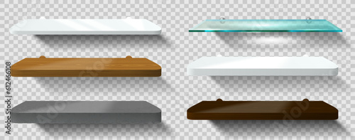 Empty shelf set isolated on transparent background. Vector mockup collection. 3D bathroom or kitchen podium or product shelf. Stage showcase scene. Glass, white acrylic, wooden, concrete material