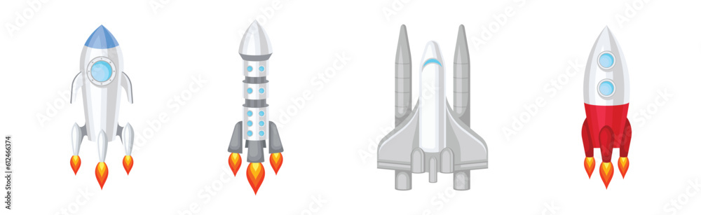 Space Discovery Object with Shuttle and Rocket for Universe Exploration Vector Set