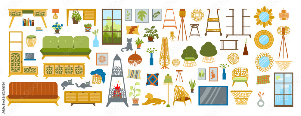 large vector set with furniture and decor for a cozy eco-friendly interior in boho style. A collection of illustrations of furniture in a flat doodle style.