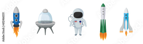 Space Discovery Object with Shuttle, Astronaut and Rocket for Universe Exploration Vector Set