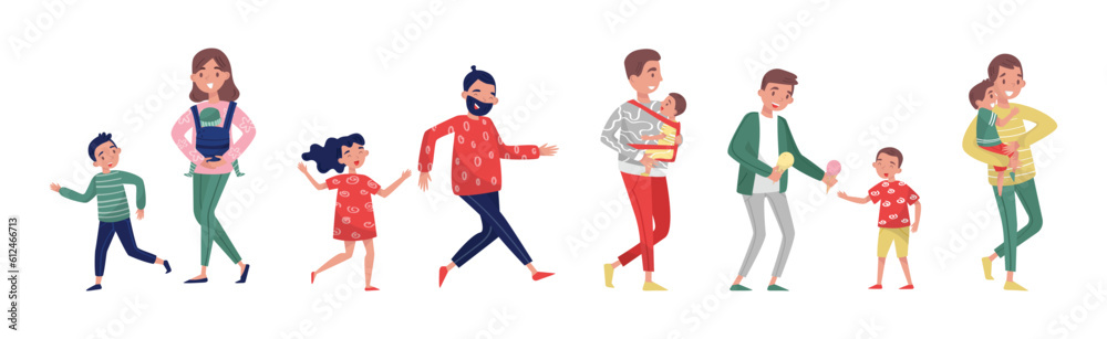 Happy Parents with Children Walking Together in the Park Vector Set