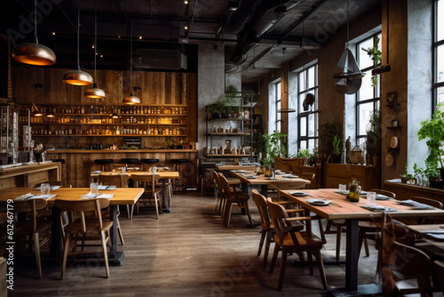 The industrial interior is a loft-style bar with modern wooden furniture, large light windows and evergreen plants. Generative AI.