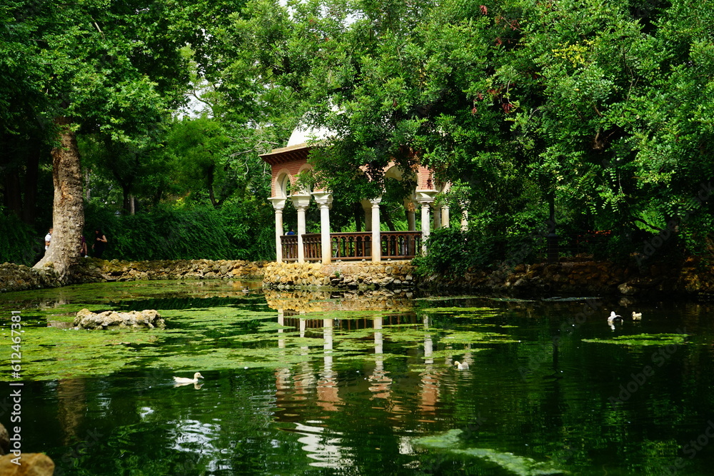 Quiet pond in Maria Luisa gardens in a summer day, Seville, Andalucia, Spain