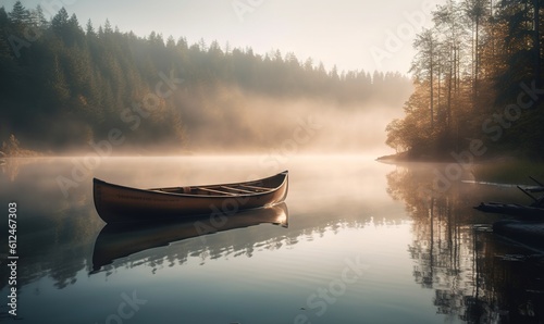  a canoe on a lake with fog in the air and trees in the background, with the sun shining through the fog in the water.  generative ai © Anna