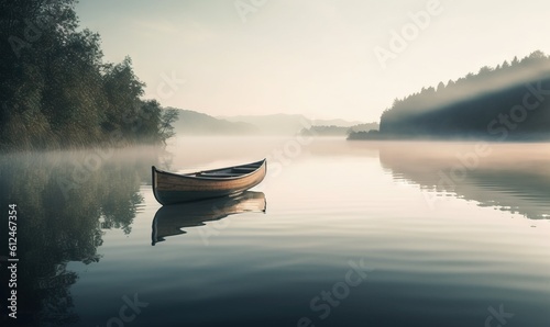  a small boat floating on top of a lake next to a lush green forest covered forest covered in fog and mist on a sunny day. generative ai