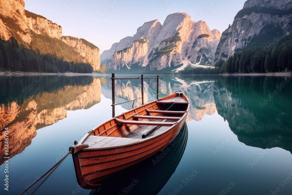Beautiful view of traditional wooden rowing boats on Lago di Braies in the Dolomites Generative AI