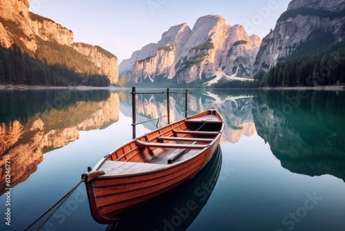 Beautiful view of traditional wooden rowing boats on Lago di Braies in the Dolomites Generative AI © Nataliia