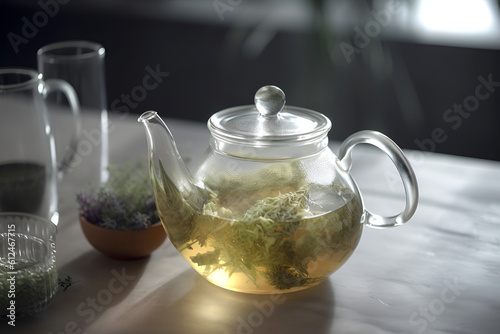 Herbal tea with flowers in glass teapot on the table. AI generated