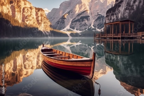 Beautiful view of traditional wooden rowing boats on Lago di Braies in the Dolomites Generative AI