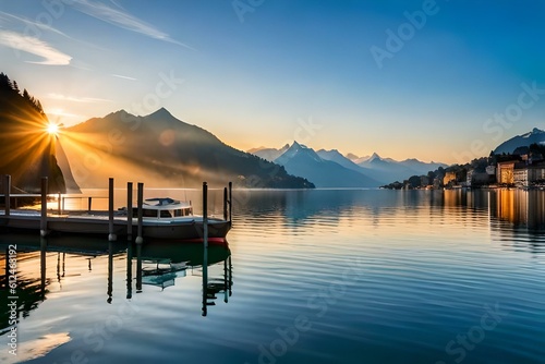 Tranquil Swiss Lakes: Highlight the serene charm of Swiss lakes like Lake Geneva, Lake Lucerne, or Lake Zurich. Capture the crystal-clear waters reflecting the surrounding mountains, sailboats gliding © crescent
