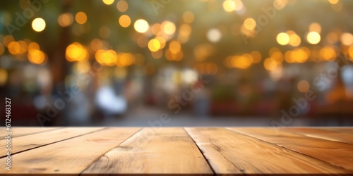 Empty wooden table top with blurred background. Generative AI