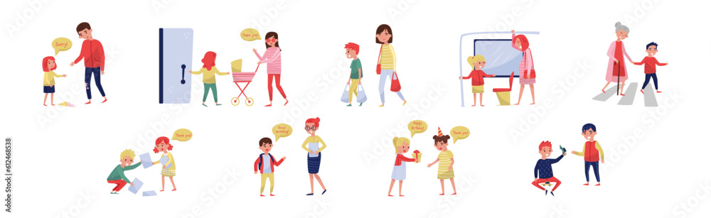 Kids with Good Manners Apologize, Give Gift Box, Greeting and Carry Shopping Bag Vector Set Kids with Good Manners Apologize, Give Gift Box, Greeting and Carry Shopping Bag Vector Set
