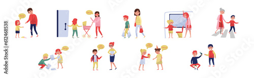 Kids with Good Manners Apologize, Give Gift Box, Greeting and Carry Shopping Bag Vector Set