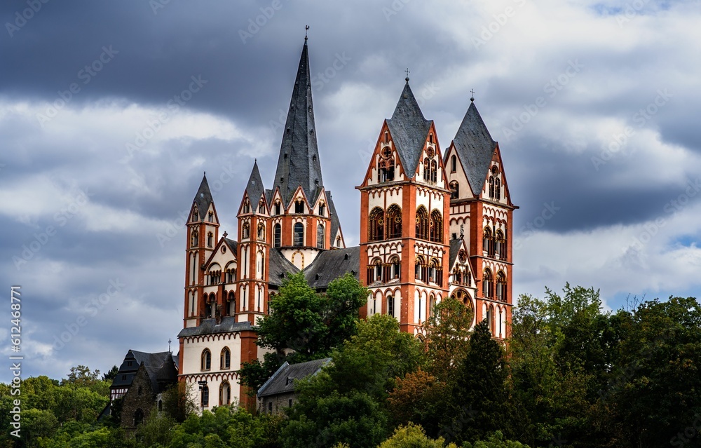 Scenic view of the Limburg Cathedral (Limburger Dom)in Limburg an der Lahn, Germany under cloudy sky