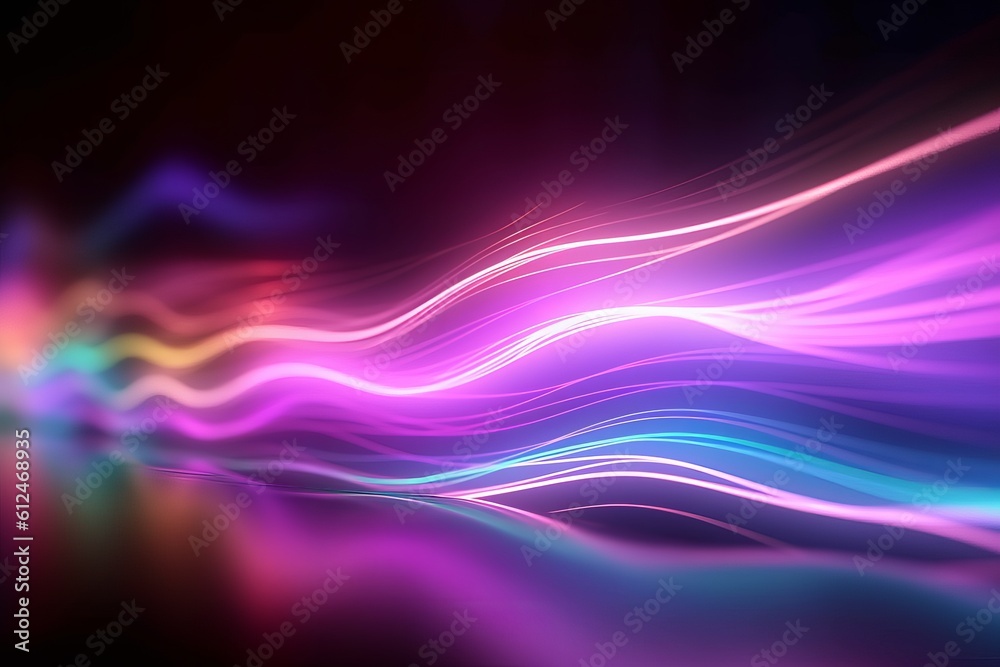 Naklejka premium abstract futuristic background with pink blue green glowing neon moving high speed wave lines and bokeh lights. Data transfer concept Fantastic wallpaper generative AI