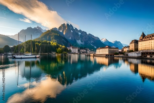 Tranquil Swiss Lakes  Highlight the serene charm of Swiss lakes like Lake Geneva  Lake Lucerne  or Lake Zurich. Capture the crystal-clear waters reflecting the surrounding mountains  sailboats gliding