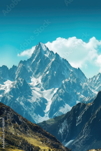 "Awe-inspiring mountain vista." Majestic mountains standing tall against a backdrop of a clear blue sky. Generative AI 