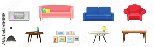 Sofa, Wall Pictures, Table, Armchair and Bookshelf as Furniture Items Vector Set