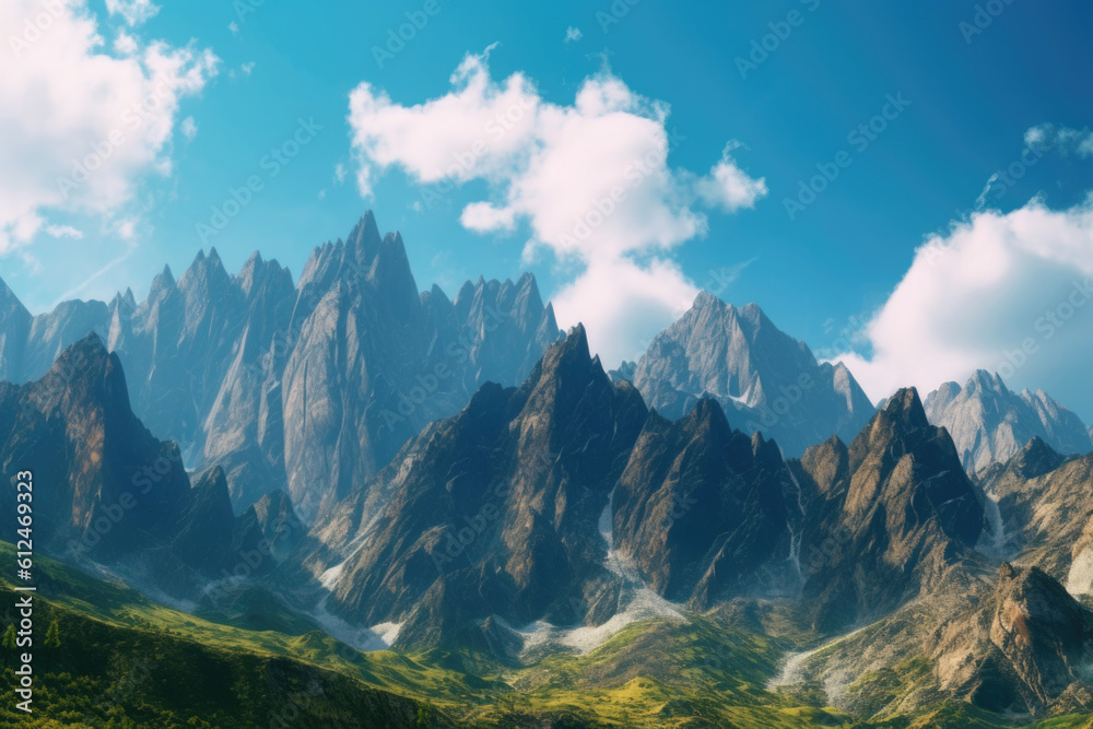 Majestic mountains standing tall against a backdrop of a clear blue sky. Generative AI 