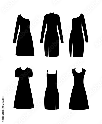 Little black dress. Cocktail and evening dresses collection. Woman clothing. Silhouette apparel. Clothes icon isolated on a white background. Vector illustration.