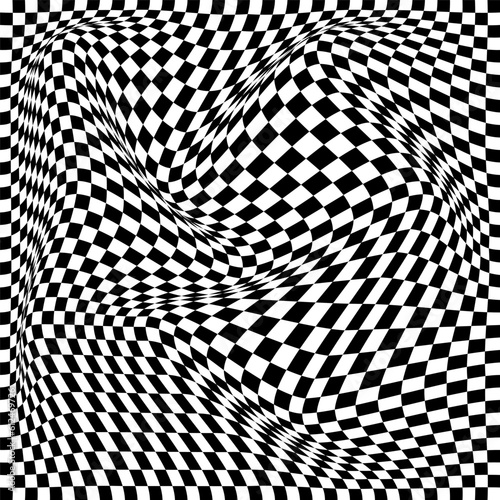 Abstract style black and white chess texture 3d background. Geometric wave pattern with the optical effect of illusion. Vector illustration.