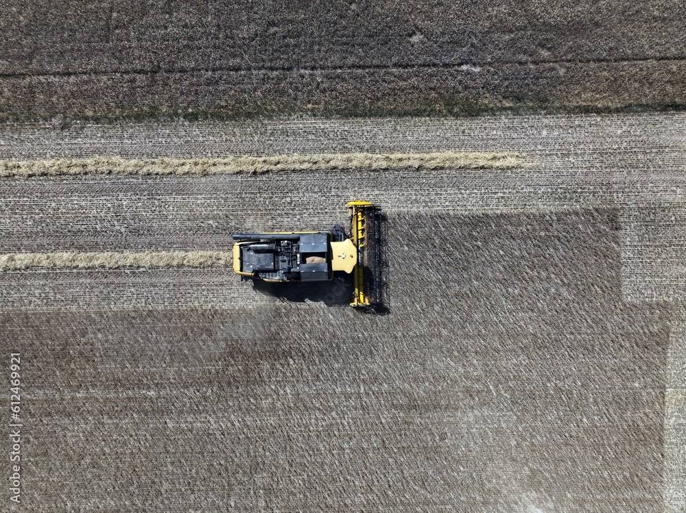 Top view of a truck harvesting cereal from fields during the day Top view of a truck harvesting cereal from fields during the day