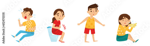 Sick Children Feeling Sad and Unwell Suffer from Illness Vector Set