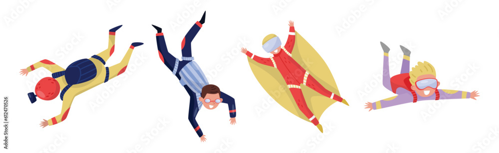 Man Paratrooper or Parachutist Free-falling and Descenting with Parachutes Vector Set Man Paratrooper or Parachutist Free-falling and Descenting with Parachutes Vector Set