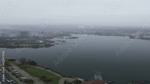 Aerial shot of the Oakland Lake Merrit Bay area on a foggy day photo
