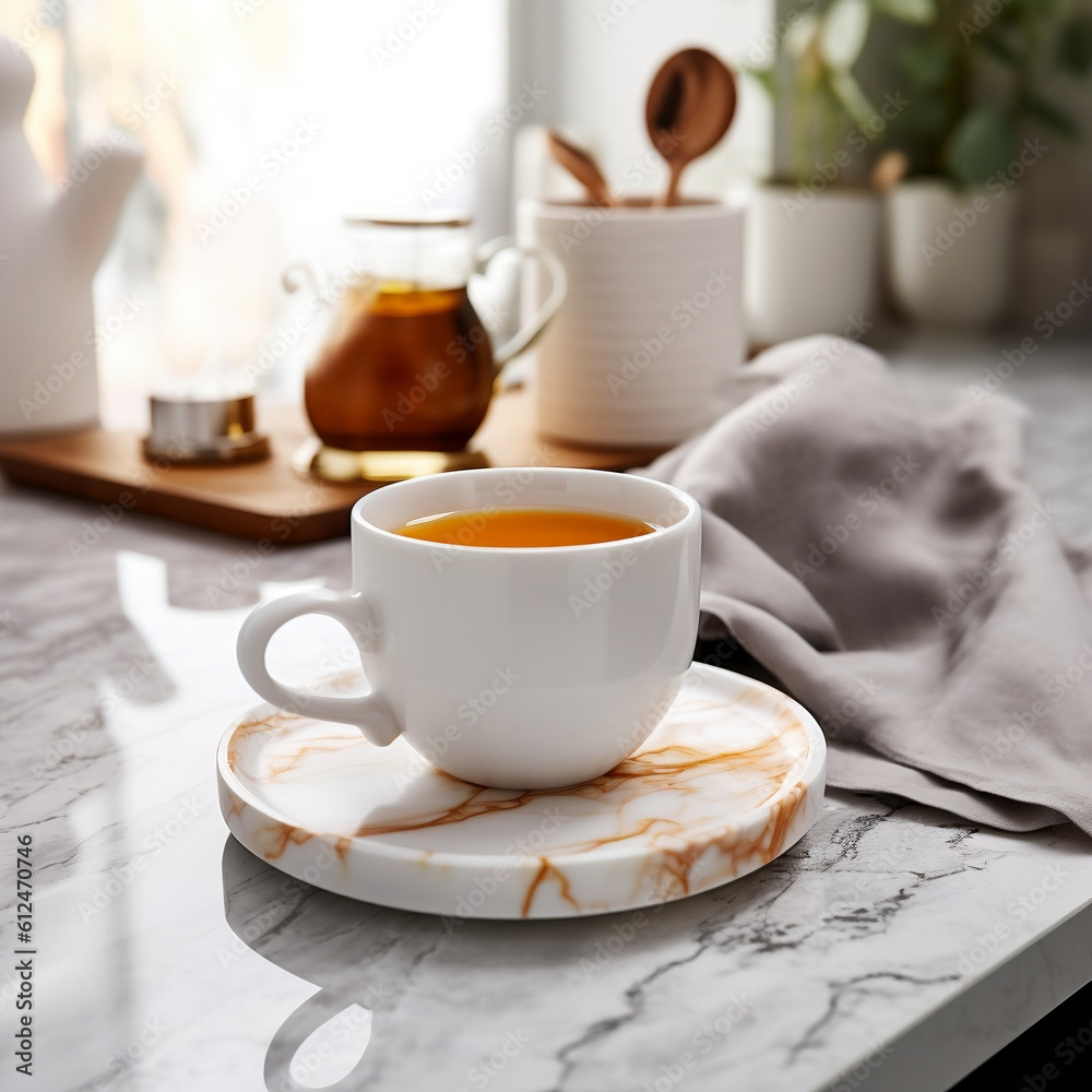 En la imagen de la escena de una taza de té en una cocina, se puede apreciar una cocina bien iluminada con un ambiente cálido y acogedor. La taza de té se encuentra ubicada en una encimera de mármol b En la imagen de la escena de una taza de té en una cocina, se puede apreciar una cocina bien iluminada con un ambiente cálido y acogedor. La taza de té se encuentra ubicada en una encimera de mármol b