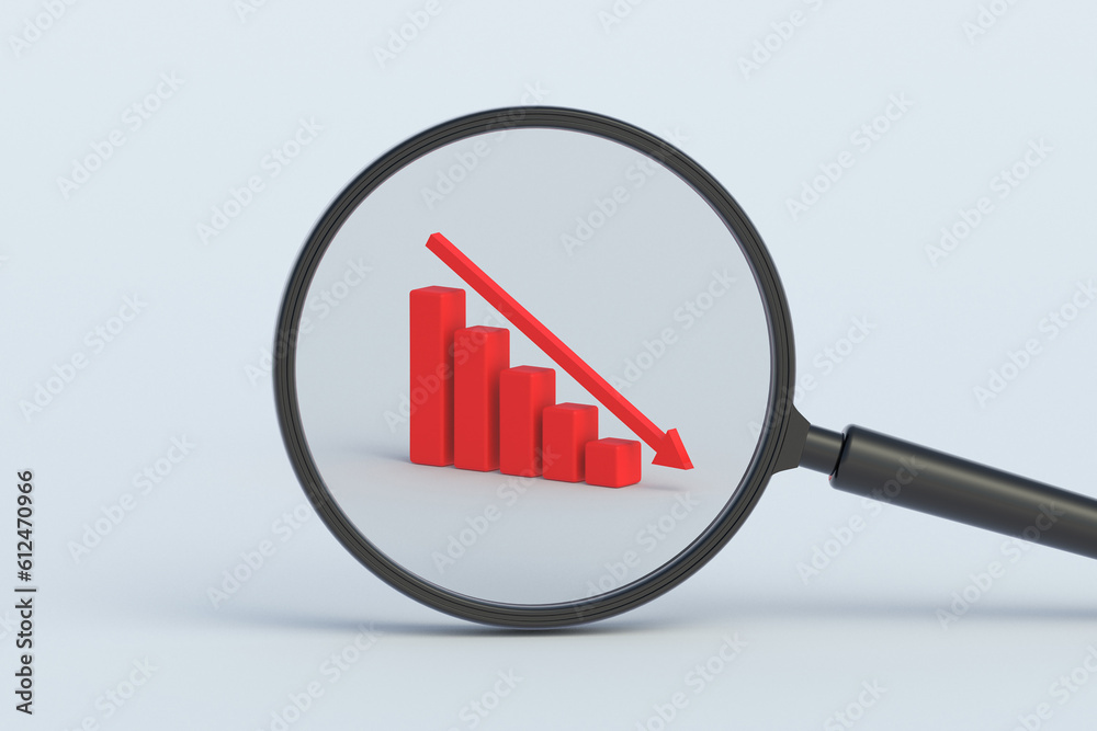 Red graph with arrow behind magnifying glass. 3d render Red graph with arrow behind magnifying glass. 3d render