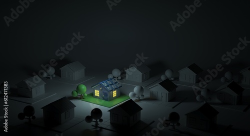House with solar energy, power outage, solution for power outage, only one house with power, flyer for solar energy, clean energy generation, banner for solar panels (3d illustration)