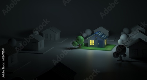 House with solar energy, power outage, solution for power outage, only one house with power, flyer for solar energy, clean energy generation, banner for solar panels (3d illustration)