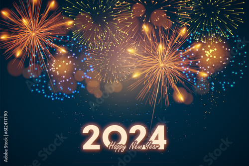Year 2024 displayed with fireworks. 2024 Happy New Year, year of the Dragon. Design template Celebration typography poster, banner or greeting card for Merry Christmas and happy new year.  photo
