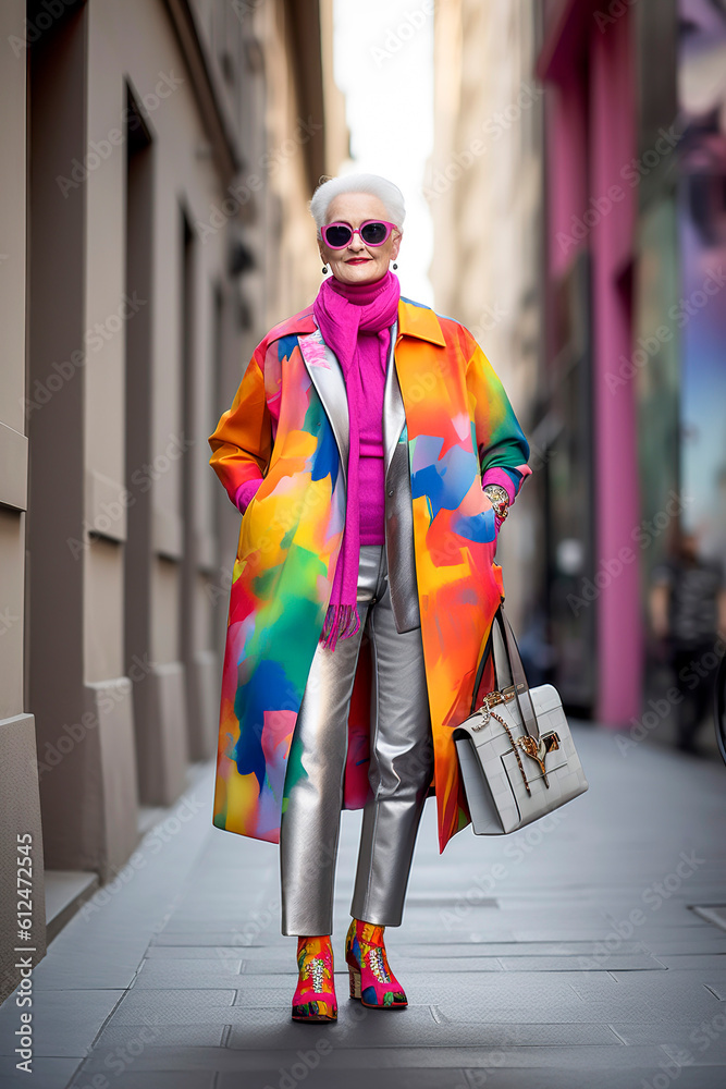 Generative AI illustration of 60 years old caucasian woman dressed in haute couture walking through the streets of Paris Generative AI illustration of 60 years old caucasian woman dressed in haute couture walking through the streets of Paris