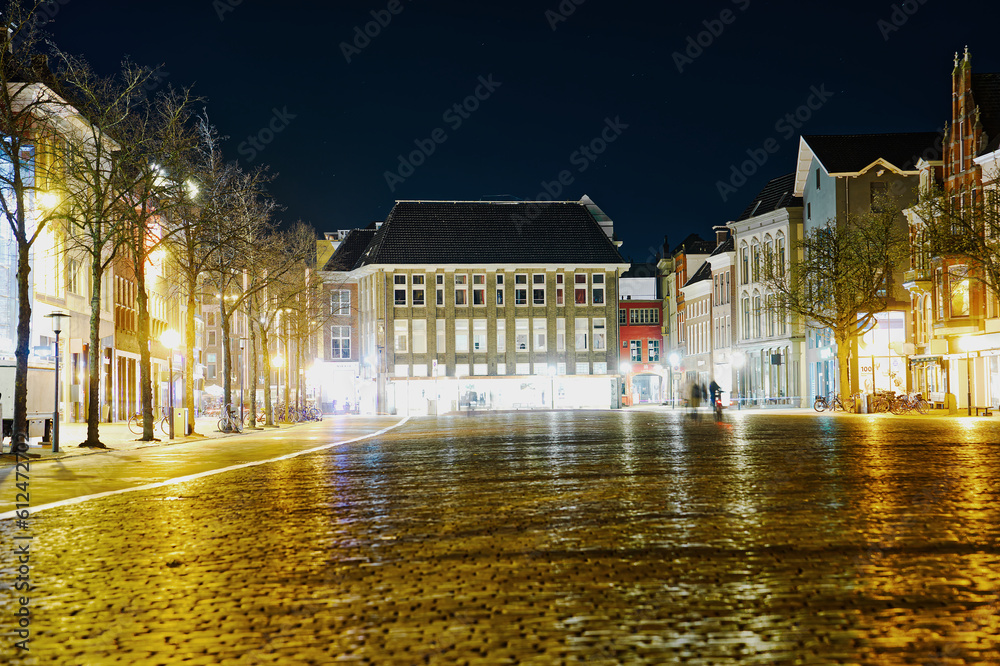 Groningen, Netherlands night Cityscape photographed at night. Groningen during a clear evening in autumn, summer. City centre of Groningen Netherlands at night