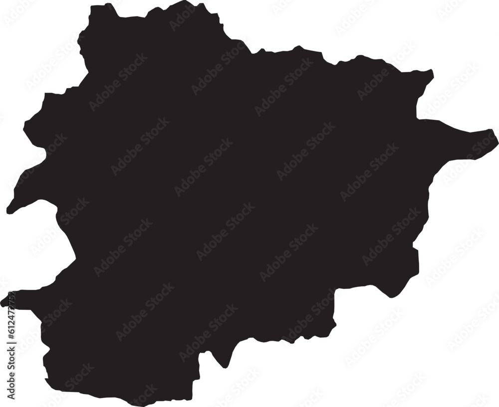 BLACK CMYK color detailed flat stencil map of the European country of ANDORRA on transparent background
