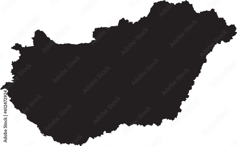 BLACK CMYK color detailed flat stencil map of the European country of HUNGARY on transparent background