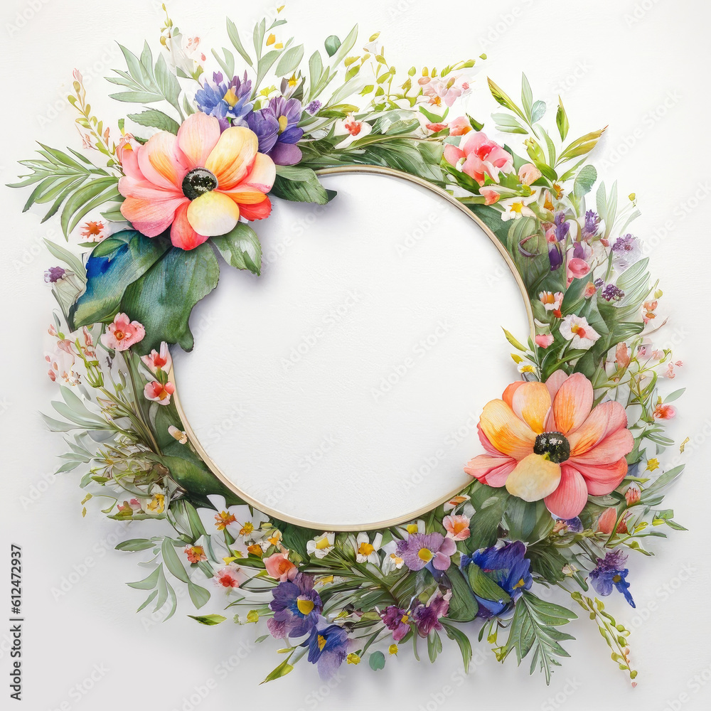 watercolor floral frame circle shape white background