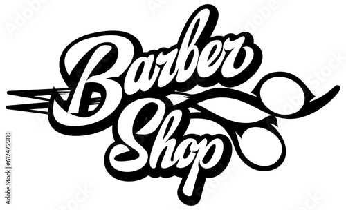 Stylish calligraphic inscription Barber shop with scissors. Element for design. Vector monochrome illustration
