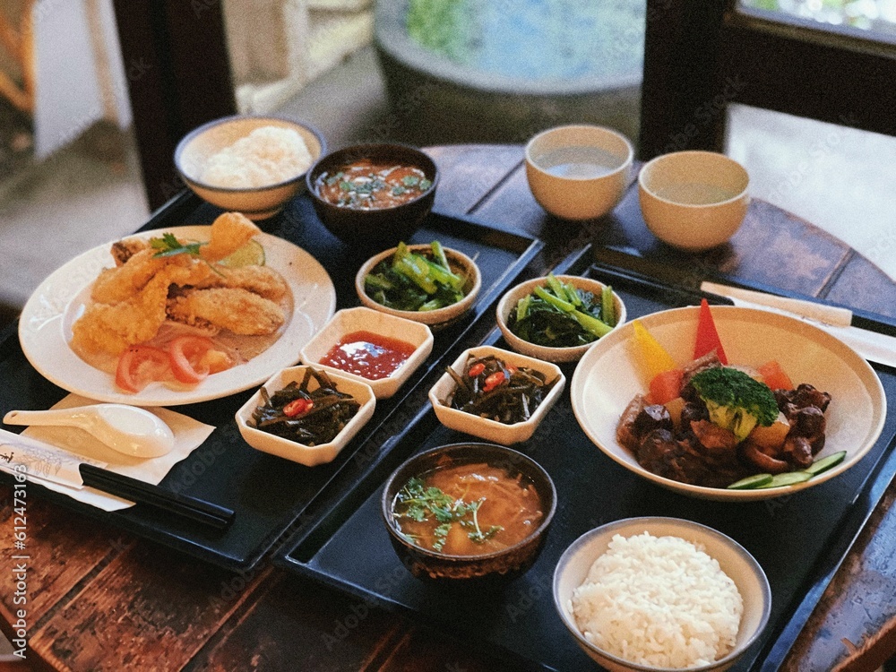 Closeup of Asian dishes on a table in a restaurant Closeup of Asian dishes on a table in a restaurant
