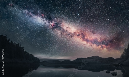 Fotografia Beautiful shot of the Milky Way illuminating a dark night sky above a lake in Qu